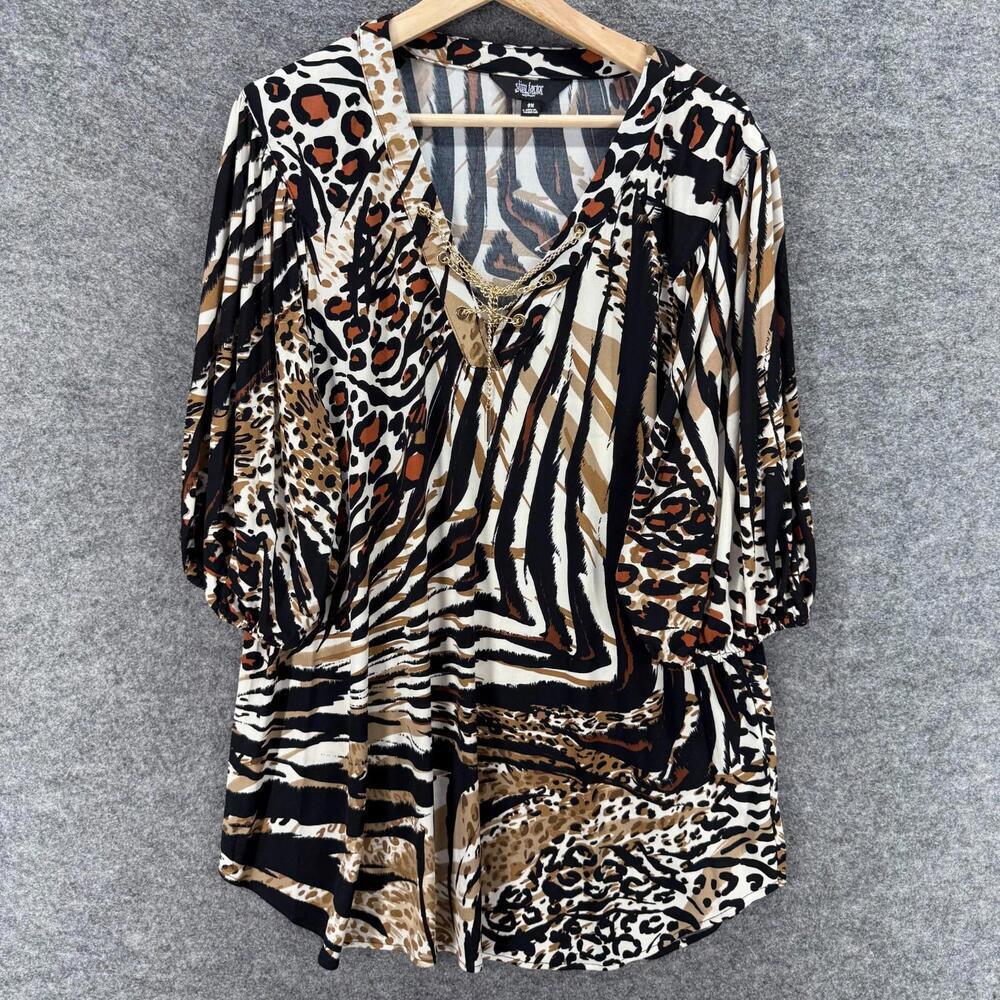 Slim Factor Blouse Women 2X Plus Brown Animal Print V-Neck 3/4 Sleeve Casual